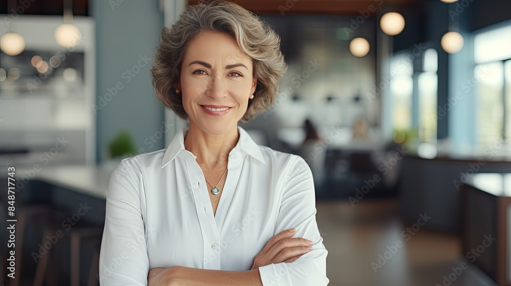 Beautiful hispanic senior business woman with crossed arms smiling at camera. photograph of telephoto lens realistic daylight Beautiful hispanic senior business woman with crossed arms smiling at camera. photograph of telephoto lens realistic daylight