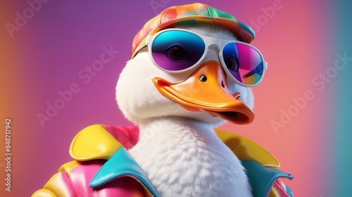 A fashionable white duck wearing sunglasses and a beret with a colorful background