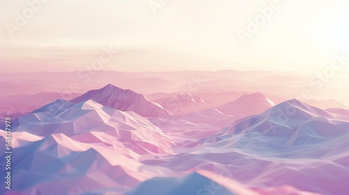 Soft pastel hues wash over a low poly geometric landscape, creating a soothing and inviting atmosphere.