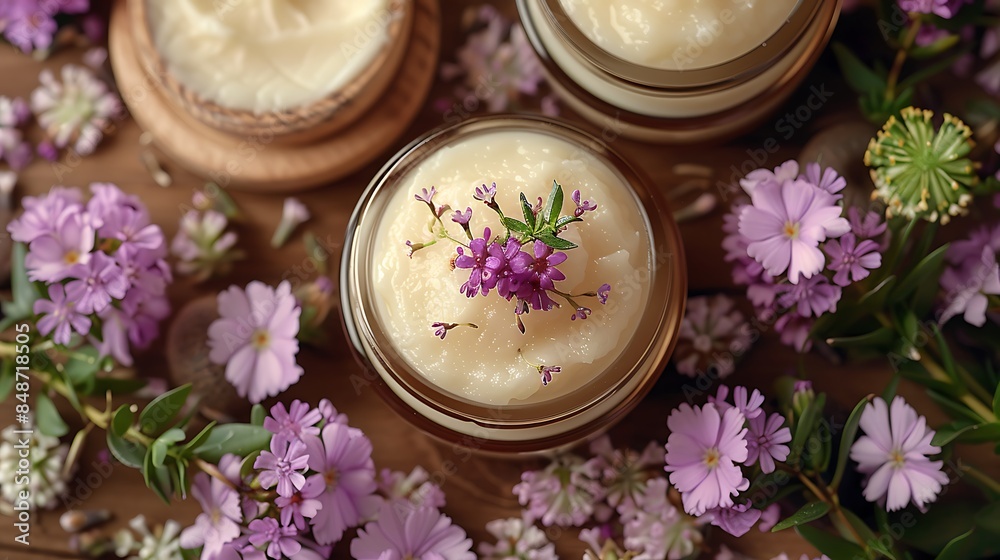Shea butter creams and lotions arranged on a wooden surface with fresh flowers and decorative items. Shea butter creams and lotions arranged on a wooden surface with fresh flowers and decorative items.