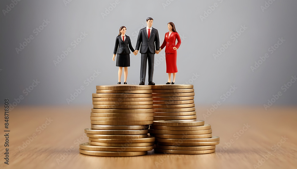 A Business man and woman miniature toy model on stack of coins. Gender pay gap inequality concept, man on larger stack woman on small stack
