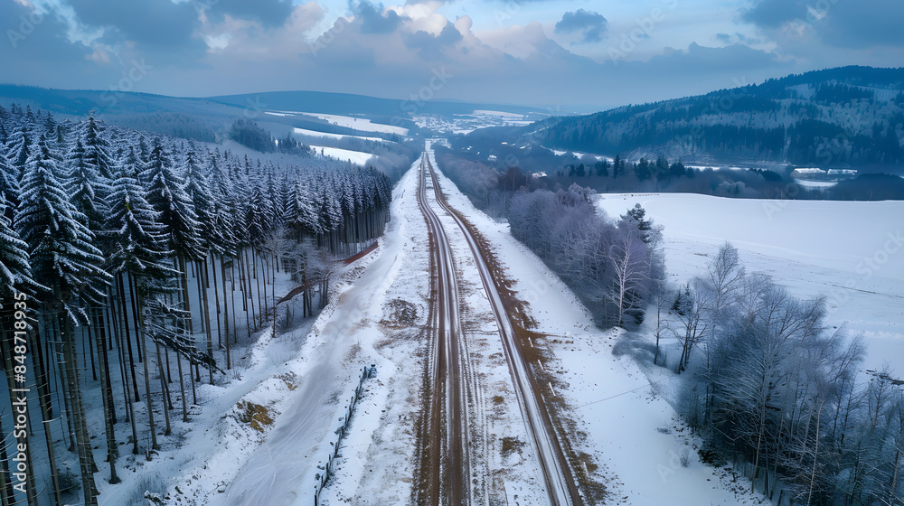 Aerial drone view on winter road construction in Polish Beskidy mountains Aerial drone view on winter road construction in Polish Beskidy mountains