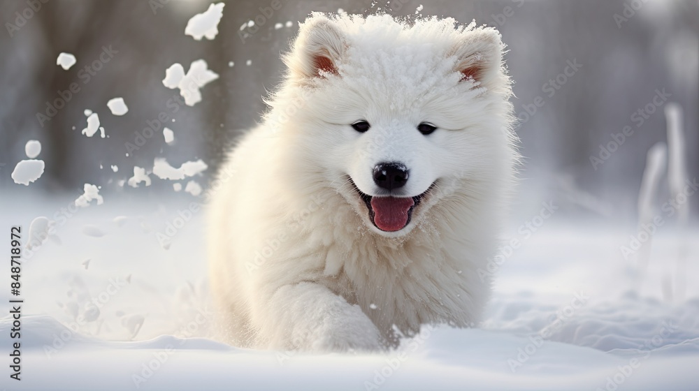 photograph of a fluffy white Samoyed puppy playing in the snow photograph of a fluffy white Samoyed puppy playing in the snow