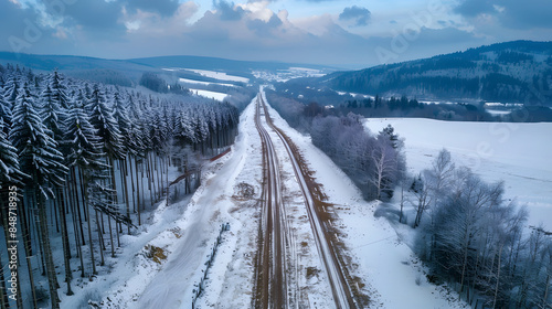 Fototapeta Naklejka Na Ścianę i Meble -  Aerial drone view on winter road construction in Polish Beskidy mountains