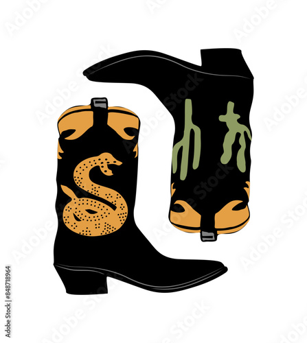 Traditional western cowboy boots decorated with embroidered wild west ornament, snake and cactuses. Pair of brown leather cowgirl boots. Realistic vector art illustration on transparent background. photo