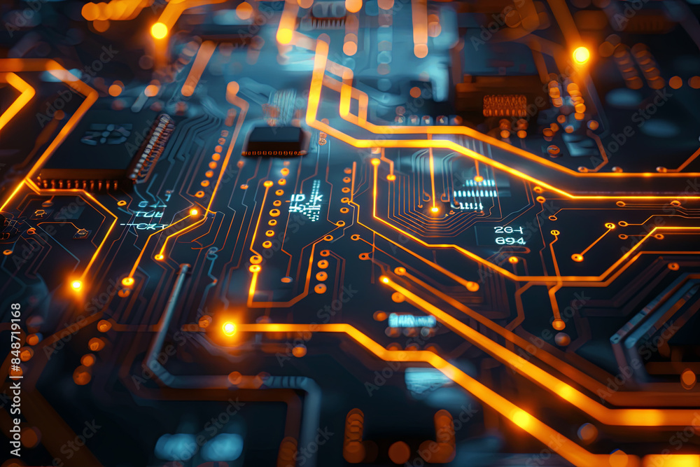 Obraz premium Circuit board with glowing technological elements, representing a futuristic concept