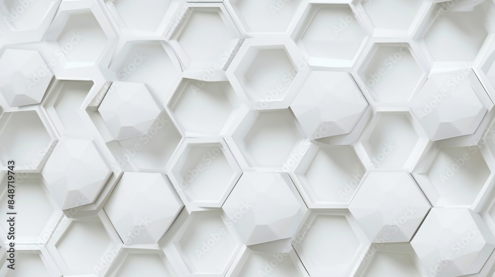 Fototapeta premium Clean white background with sleek 3D geometric honeycomb pattern, adding modern elegance.