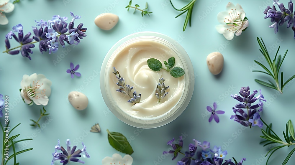 Shea butter creams and lotions on a light blue background with fresh herbs and decorative stones. Shea butter creams and lotions on a light blue background with fresh herbs and decorative stones.