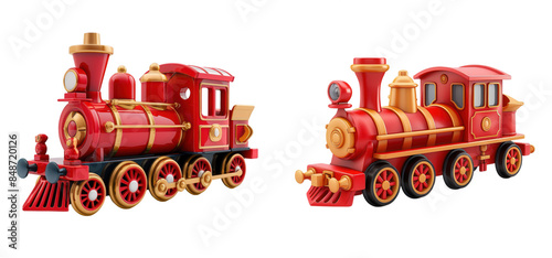 Red Toy Trains, Two vibrant red toy trains with golden accents, Classic Playtime on a transparent background. Generative AI