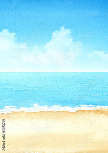 夏の砂浜の水彩画　A4縦