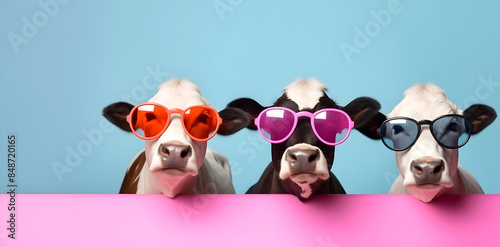 Creative animal concept. Group of cow friends in sunglass shade glasses isolated on solid pastel background, commercial, editorial advertisement, copy text space

