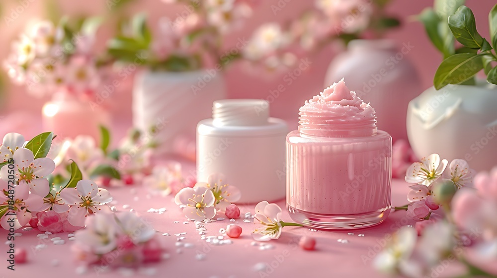 Shea butter creams and lotions laid out on a light pink background with delicate white flowers. Shea butter creams and lotions laid out on a light pink background with delicate white flowers.