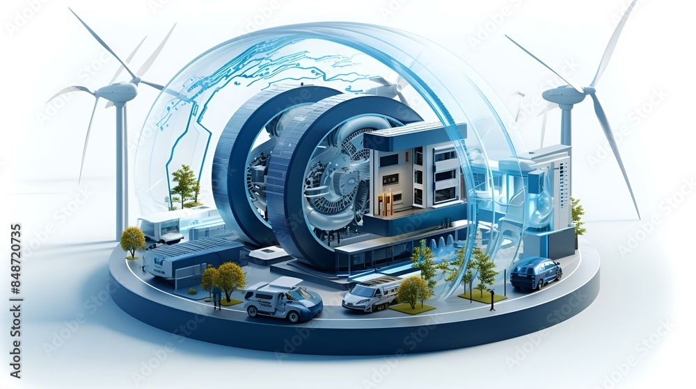 A modern cityscape with sleek wind turbines and electric cars . A modern cityscape with sleek wind turbines and electric cars .