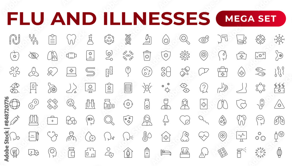 Set of Flu and Illnesses line icons. Collection of linear icons such as hygiene, disinfection, symptoms, treatment, virus, prevention, cancer, coronavirus, mental illnesses, and more. Set of Flu and Illnesses line icons. Collection of linear icons such as hygiene, disinfection, symptoms, treatment, virus, prevention, cancer, coronavirus, mental illnesses, and more.