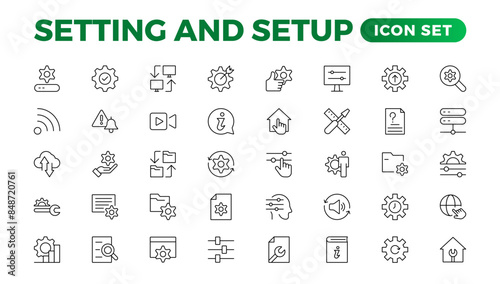 Setting and setup Solid icon collection. app and website settings icon set. options, configuration, preferences, adjustments, tools, gear, control panel, management,  and productivity icons.