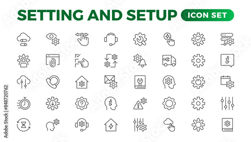 Setting and setup Solid icon collection. app and website settings icon set. options, configuration, preferences, adjustments, tools, gear, control panel, management,  and productivity icons.