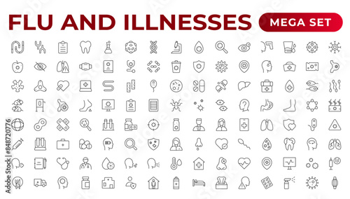Set of Flu and Illnesses line icons. Collection of linear icons such as hygiene, disinfection, symptoms, treatment, virus, prevention, cancer, coronavirus, mental illnesses, and more.
