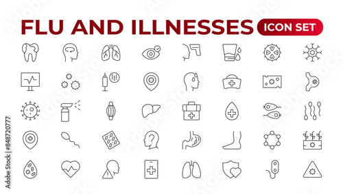 Set of Flu and Illnesses line icons. Collection of linear icons such as hygiene, disinfection, symptoms, treatment, virus, prevention, cancer, coronavirus, mental illnesses, and more.