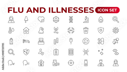 Set of Flu and Illnesses line icons. Collection of linear icons such as hygiene, disinfection, symptoms, treatment, virus, prevention, cancer, coronavirus, mental illnesses, and more.