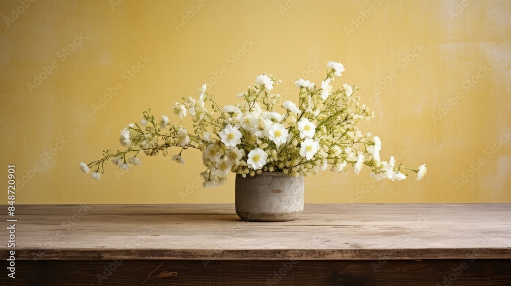 Photograph of a rustic wooden table adorned with a simple arrangement of white and yellow spring flowers, their delicate beauty complemented 