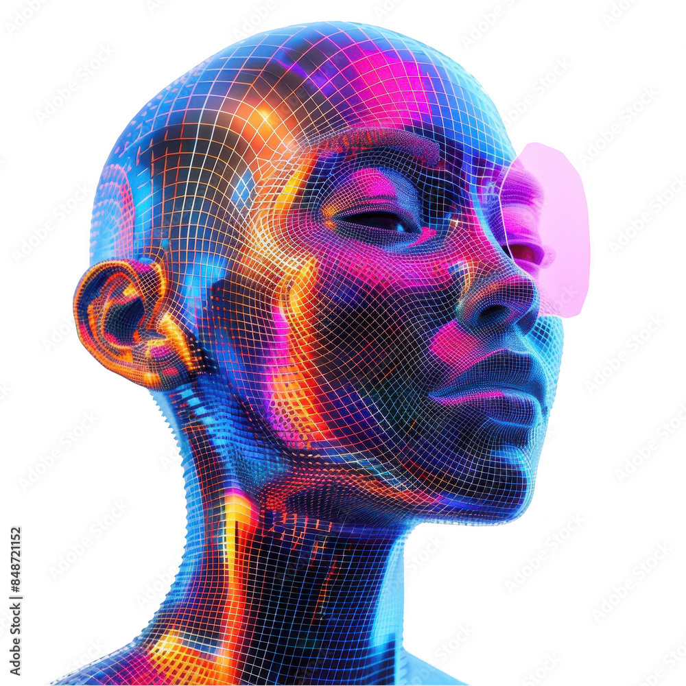 © Sara-ART - Futuristic Cyber Face, Neon colors and grid pattern, Digital Age on a transparent background. Generative AI © Sara-ART - Futuristic Cyber Face, Neon colors and grid pattern, Digital Age on a transparent background. Generative AI