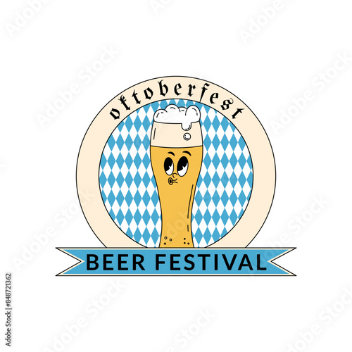 Oktoberfest Bavaria Beer Festival celebration. Label, logo, emblem or badge design with retro groovy beer glass character. Vector illustration with cute alcohol drink and beverage mascot