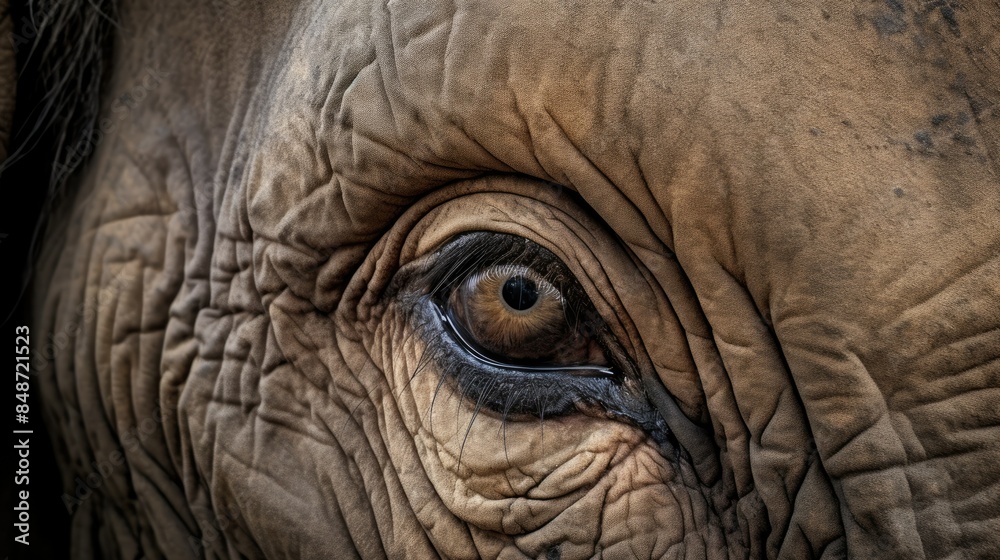 Photograph of an elephant's face in extreme close-up, revealing the intricate texture of its skin, eyelashes, and soulful eyes, set against a stark white background