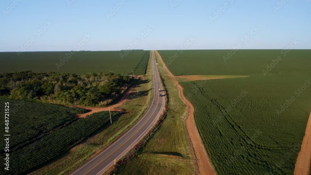 Vídeo aéreo de uma rodovia atravessando uma plantação de algodão, Chapada dos Guimarães, Mato Grosso, Brasil, América do Sul