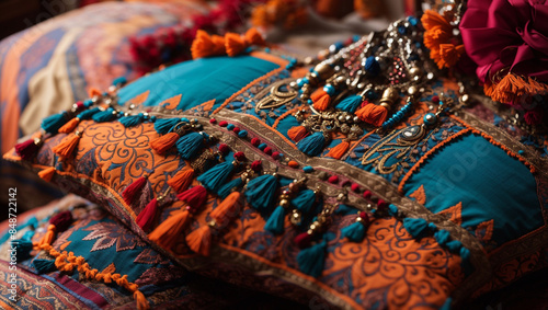 A close-up of an intricately embroidered pillow with colorful tassels and beads.

 photo