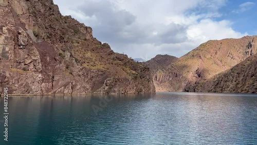 shooting in motion. Canyon, lake, river, reservoir, rocks, mountains, clean fresh drinking water among wild nature.