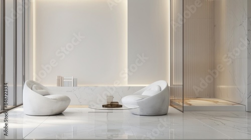 a modern lounge area featuring minimalist furnishings and a pristine white canvas, creating an atmosphere of serene elegance and minimalism © Goeth