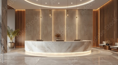 Luxury hotel lobby reception area with white marble counter and modern architecture, elegant lighting and decorative elements. Sophisticated interior design concept.