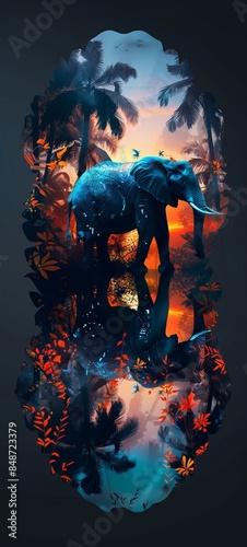 Surreal digital painting of an elephant in vibrant jungle scenery with a water reflection at sunset, blending nature and fantasy elements.