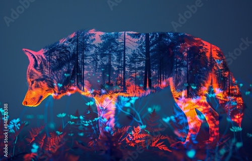 Surreal image of a wolf with a double exposure effect showcasing a forest scene, blending wildlife with mystical nature elements.