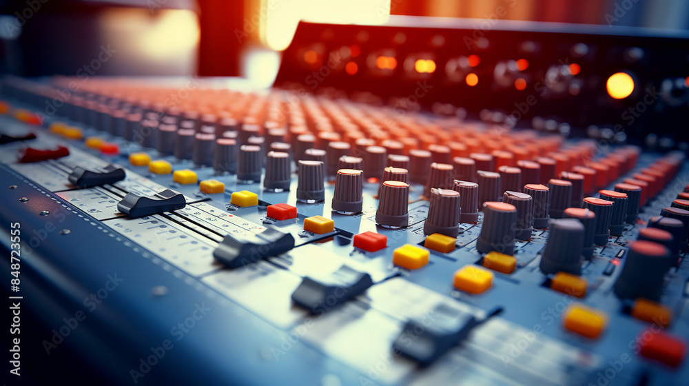 Selective focus of professional audio mixing console with faders and adjusting knobs Selective focus of professional audio mixing console with faders and adjusting knobs