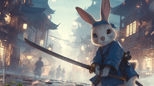 An anthropomorphic rabbit dressed as a samurai in a traditional Japanese street, holding a katana, surrounded by a misty, mystical atmosphere. photo
