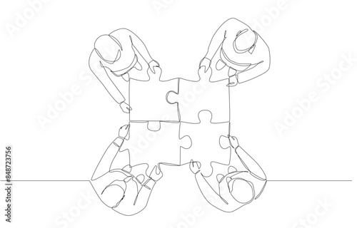 Continuous one line drawing of business people connecting jigsaw puzzle, working together, teamwork to solve problem concept, single line art.