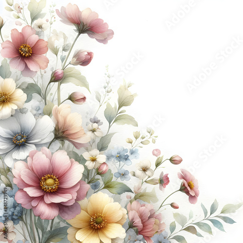 Delicate bouquet of pink, yellow, and white flowers is blooming in the corner on a white background © Євдокія Мальшакова