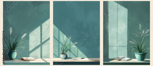 Collection of contemporary art prints. Plant near by window