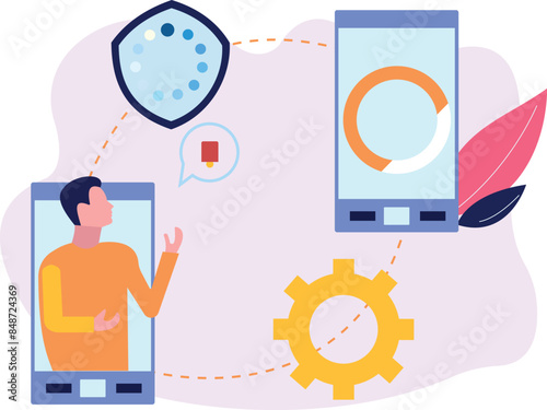 The boy is transferring data.