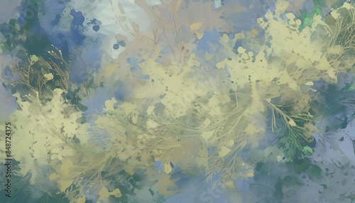 Blue and yellow abstract painting with floral elements and brush strokes in the background