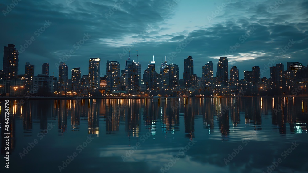 Fototapeta premium A city skyline at dusk with lights reflecting off the water
