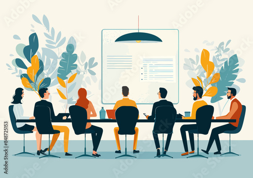 Business Team in Meeting Listening to a Presentation by Leader, Minimalistic Vector Illustration Depicting Education, Collaboration, and Professional Development in a Modern Office Setting, Daytime