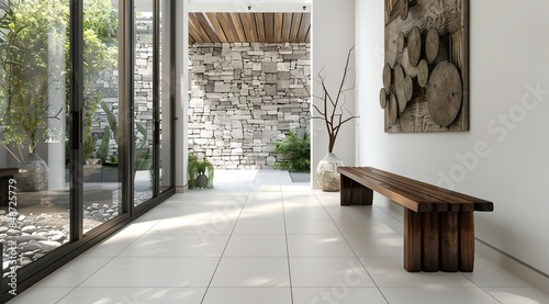 Modern entrance hall interior design rendering featuring white tiled floor, wooden bench, and wall art. The space includes stone walls on one side, with natural light streaming in from windows, creati photo