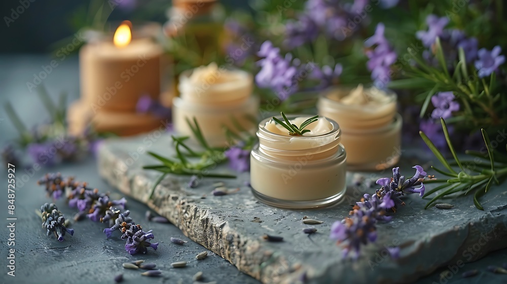 Shea butter jars and lotion tubes on a stone surface with sprigs of rosemary and lavender. Shea butter jars and lotion tubes on a stone surface with sprigs of rosemary and lavender.