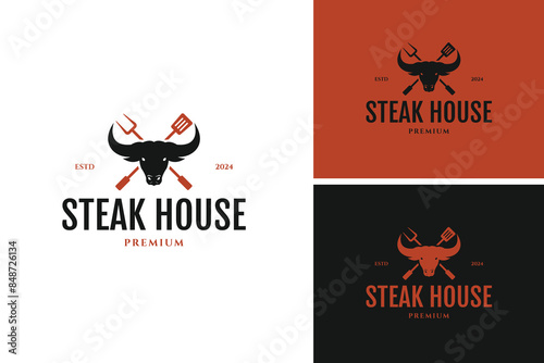Bull or cow head icon for steak house, BBQ, grill, meat restaurant logo design template vector illustration idea