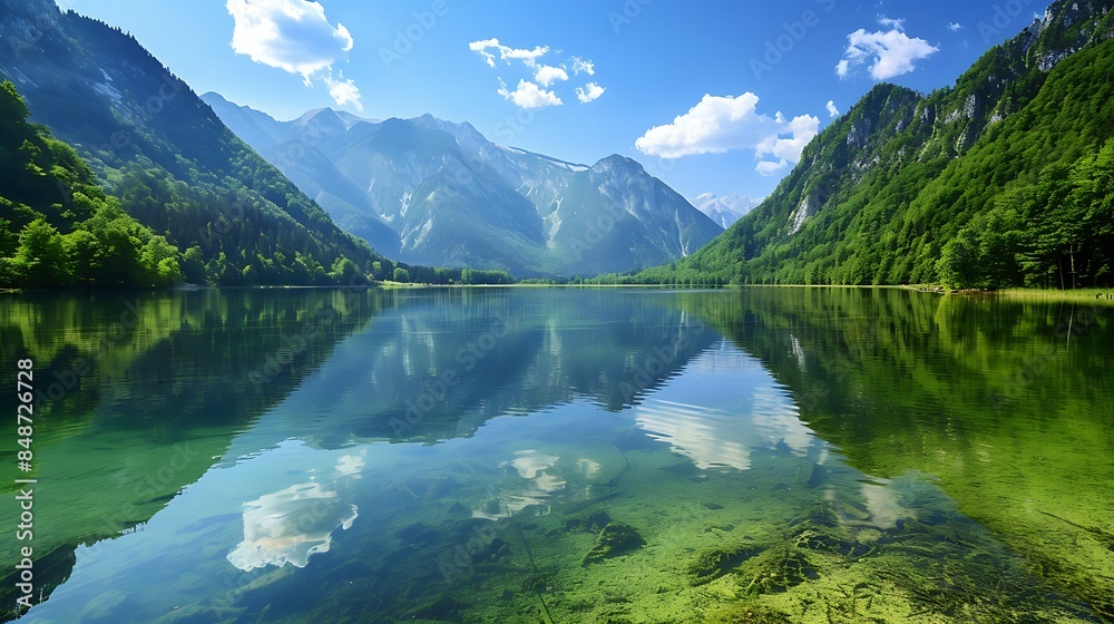 A crystal-clear lake reflecting surrounding mountains A crystal-clear lake reflecting surrounding mountains