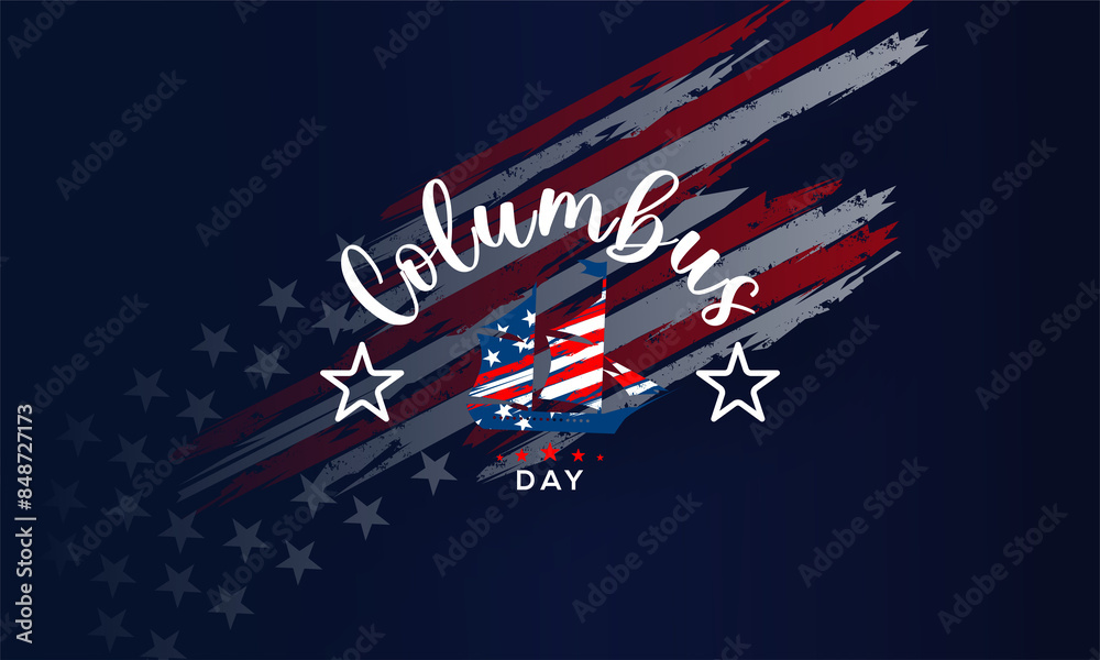 Fototapeta premium Happy Columbus Day , Columbus Day Celebration with the US flag, Ocean waves and Columbus ship - Holiday United States of America. We will be Closed on Columbus Day.