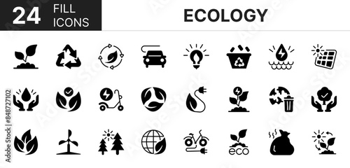 Collection of 24 ecology fill icons featuring editable strokes. These outline icons depict various modes of ecology, nature, bioenergy, web, environment, sustainability, green, 