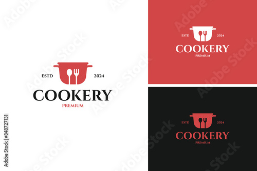 Stew pan with fork spoon logo design for cooking, cuisine, cookery template vector illustration idea